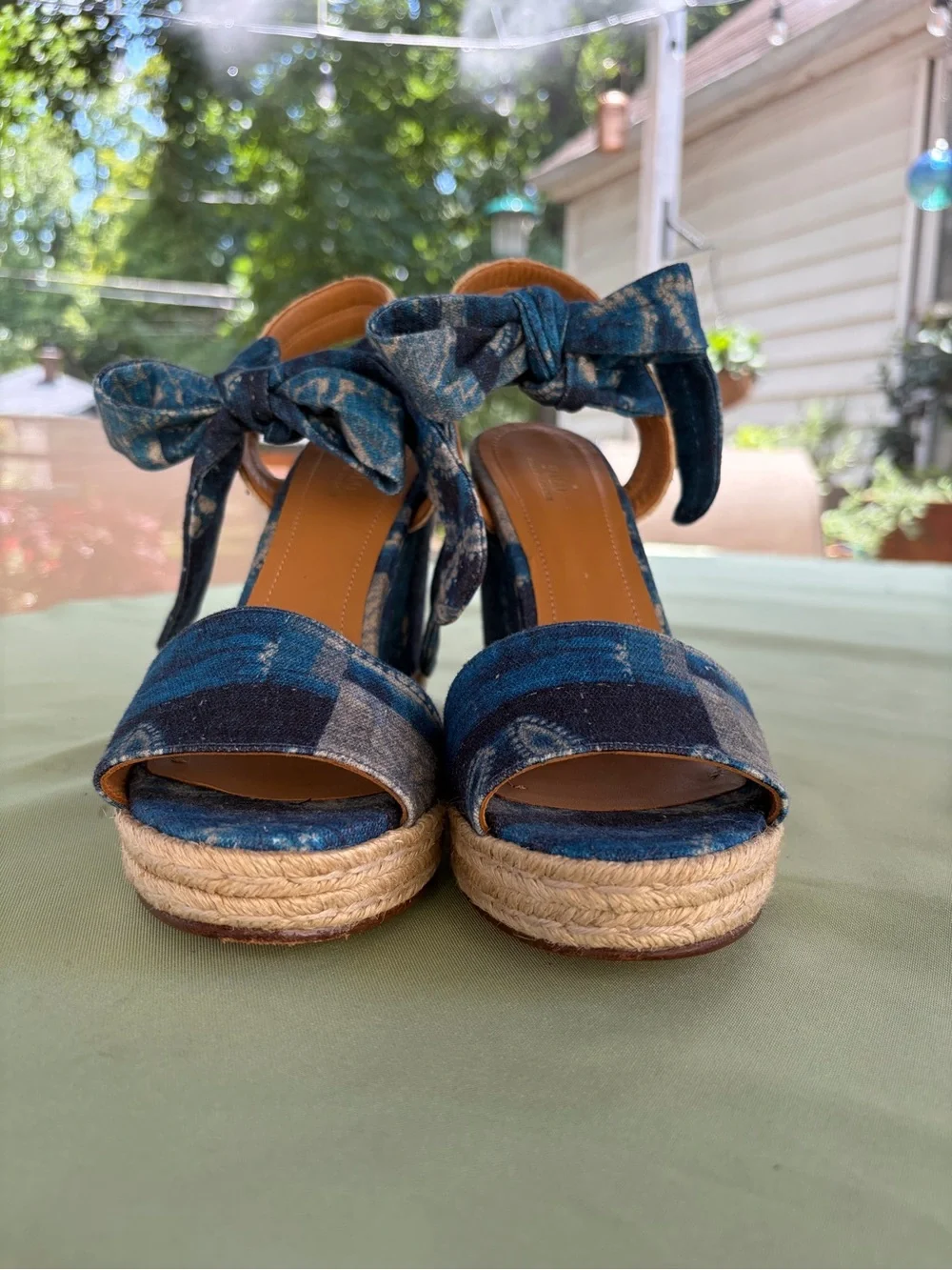 Polo by Ralph Lauren Blue Patterned Espadrille Wedge Sandals with Ankle Ties.